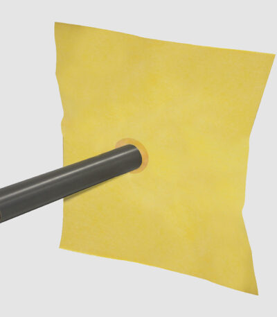 Acople para evacuación horizontal con lámina impermeabilizante, DRY50 de 50 x 50 cm unida al tubo de pvc con diferentes salidas